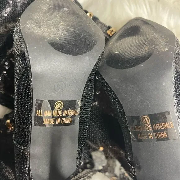 Over the knees Black sequins heels boots front lace up accents side zipper SZ6.5 - Picture 7 of 8